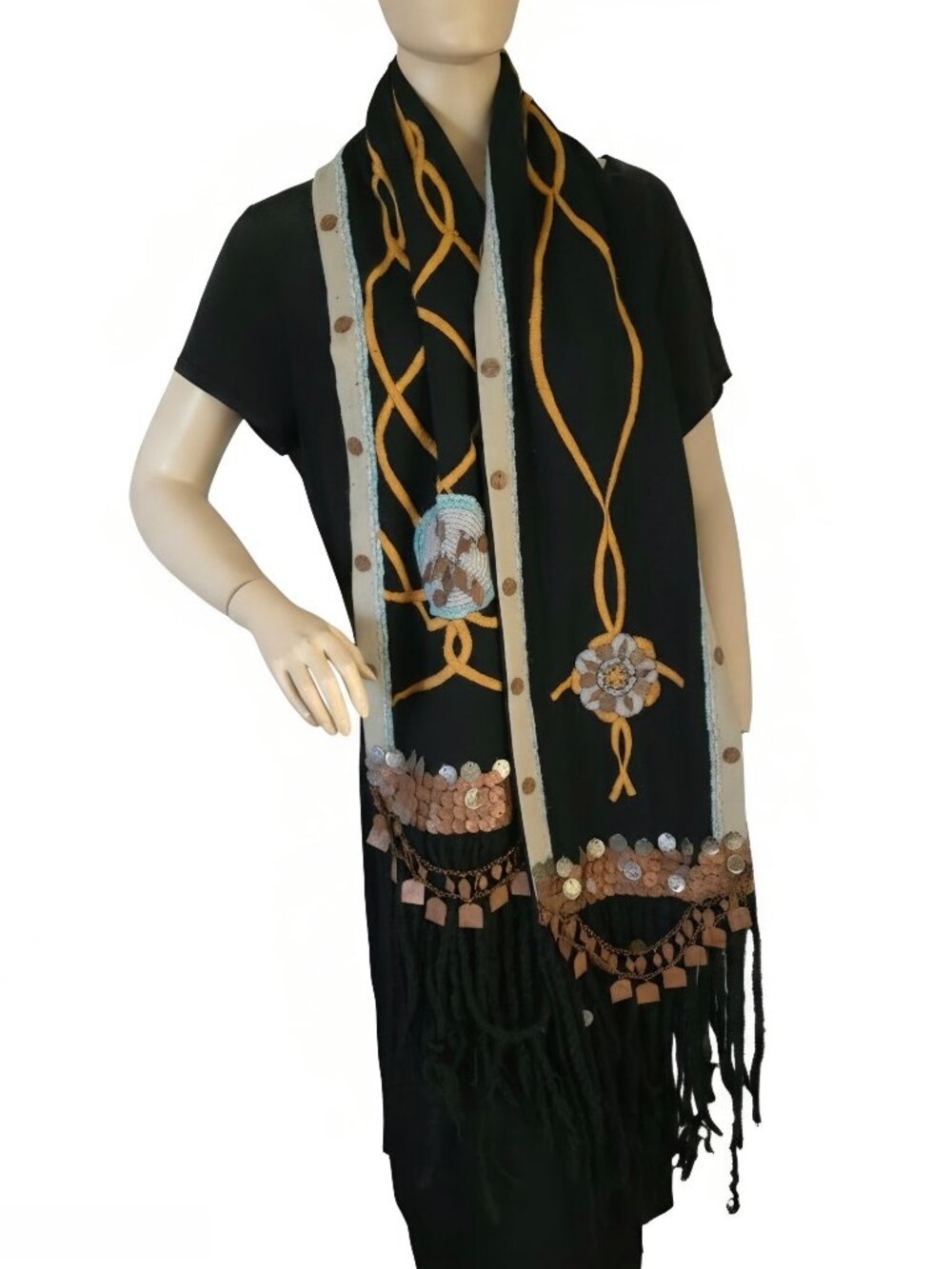Runway Embroidered Wool Scarf Antiqued Copper-Coin
